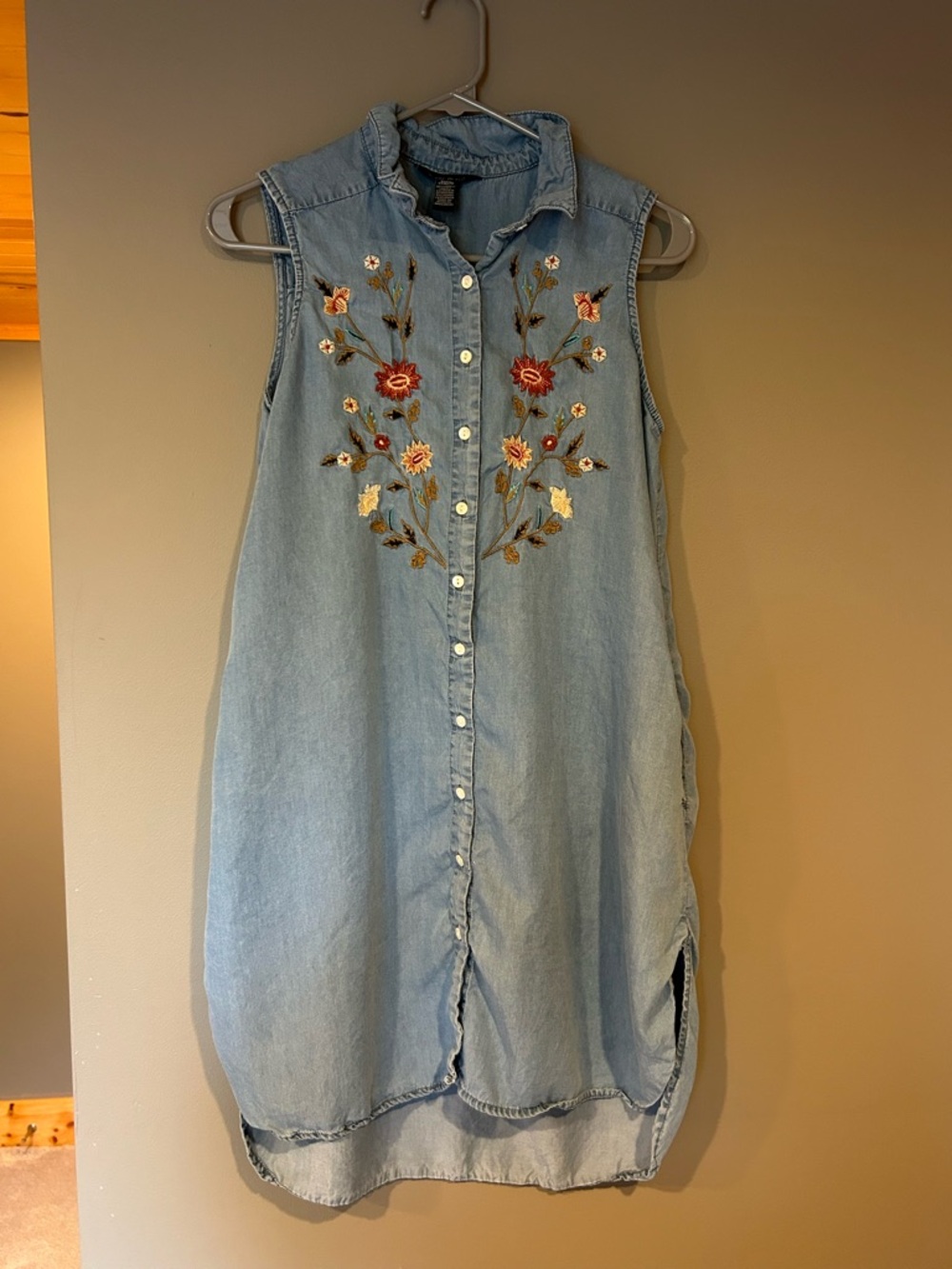 Sleeveless Light Blue Denim Shirt Dress with Floral Embroidery